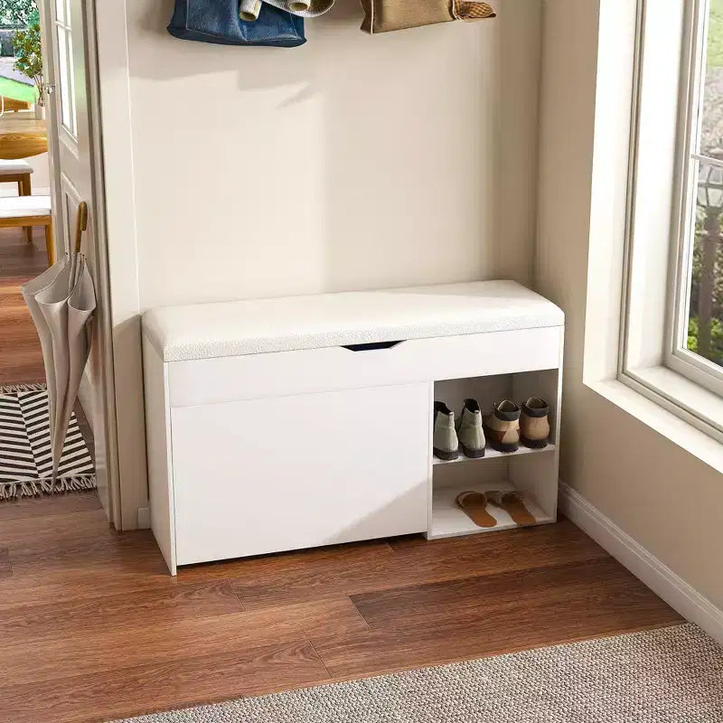 Banc d'entrée avec rangement à chaussures, tiroirs rabattables à 3 niveaux, armoire dissimulée, organisateur peu encombrant, blanc