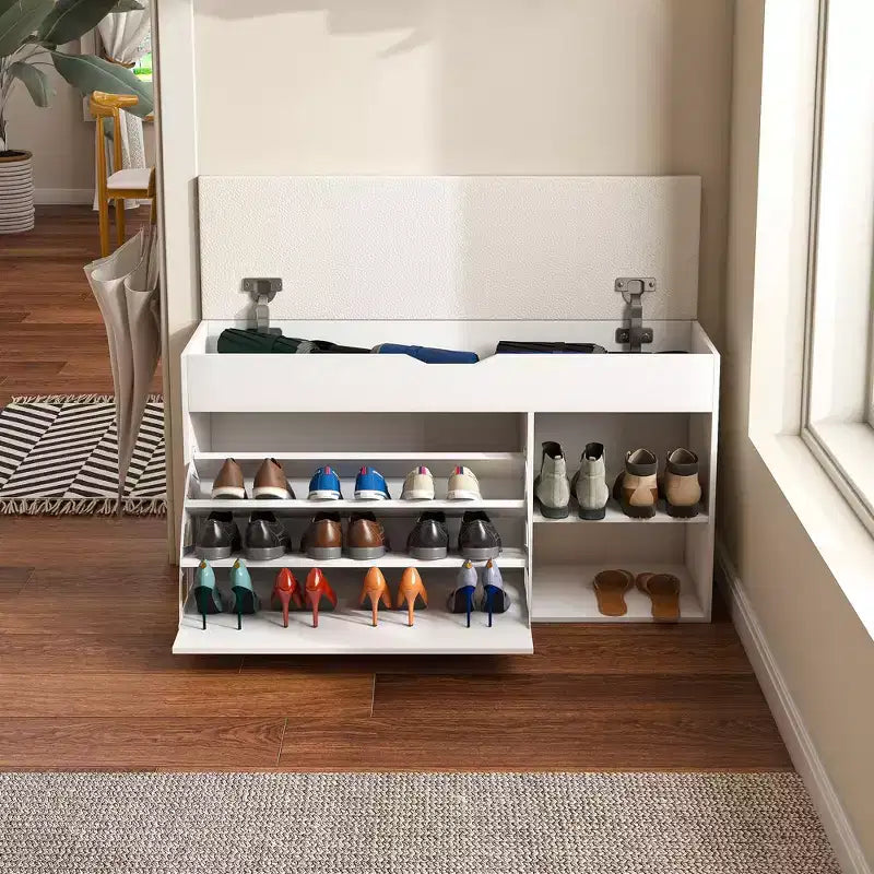 Banc d'entrée avec rangement à chaussures, tiroirs rabattables à 3 niveaux, armoire dissimulée, organisateur peu encombrant, blanc