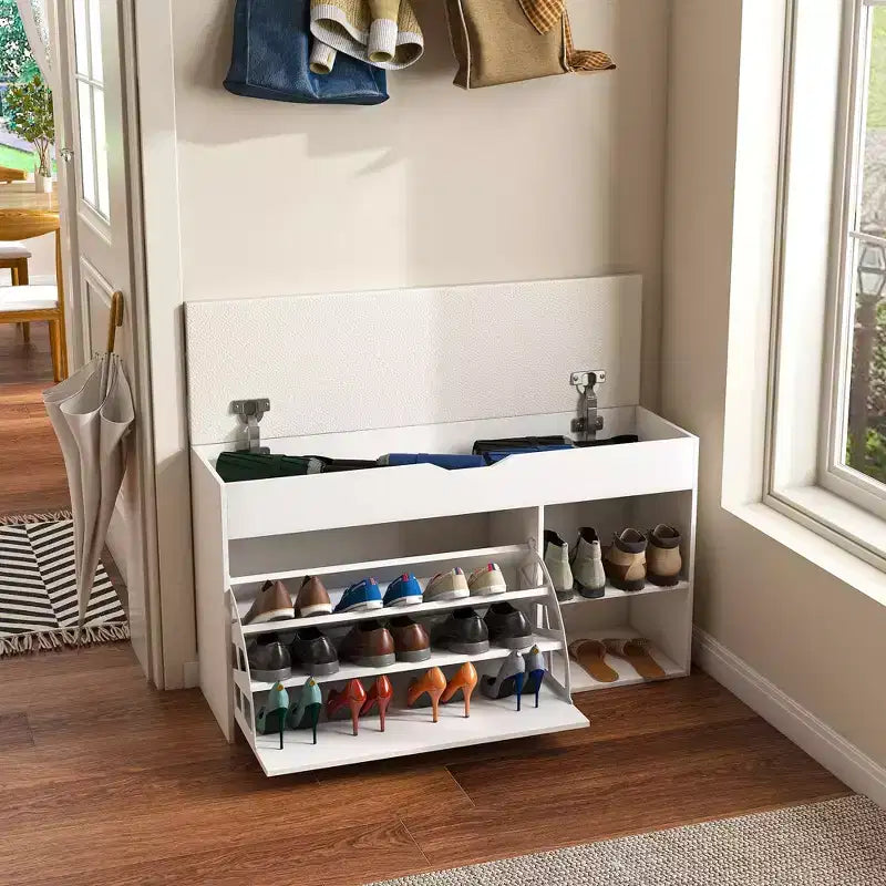 Banc d'entrée avec rangement à chaussures, tiroirs rabattables à 3 niveaux, armoire dissimulée, organisateur peu encombrant, blanc