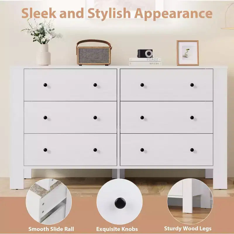 Commode en bois à 6 tiroirs pour chambre à coucher, Grand organiseur de rangement moderne pour salon, entrée, couloir