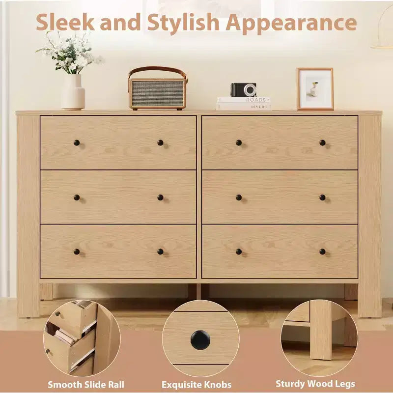 Commode en bois à 6 tiroirs pour chambre à coucher, Grand organiseur de rangement moderne pour salon, entrée, couloir