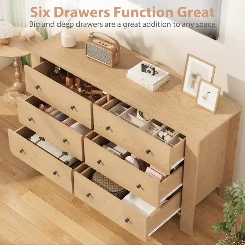 Commode en bois à 6 tiroirs pour chambre à coucher, Grand organiseur de rangement moderne pour salon, entrée, couloir