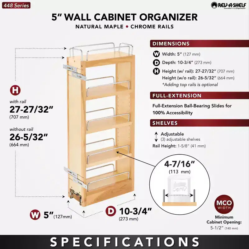 5 organisateurs de rangement coulissants pour armoires de cuisine murales, étagères coulissantes réglables pour épices ou conserves, bois et chrome,