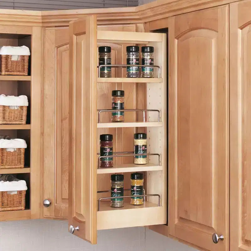 5 organisateurs de rangement coulissants pour armoires de cuisine murales, étagères coulissantes réglables pour épices ou conserves, bois et chrome,