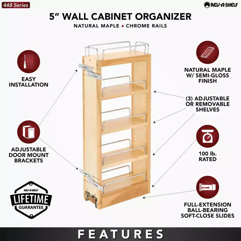 5 organisateurs de rangement coulissants pour armoires de cuisine murales, étagères coulissantes réglables pour épices ou conserves, bois et chrome,