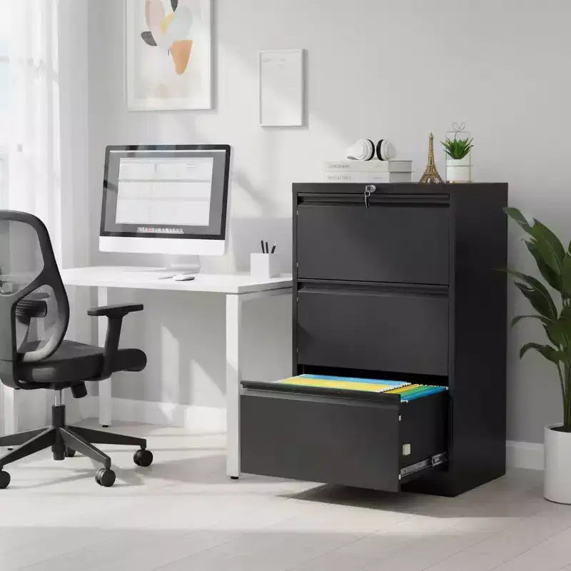 3 Drawers Lateral File Cabinet with Lock, Metal Filing Cabinet with Card Holder, Steel Drawer File Cabinets Under Desk for Home Office