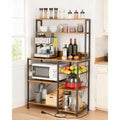 Rustic Brown Bakers Rack w/ Power Outlet, 4-Tier Kitchen Storage Shelf, Microwave Stand, Hooks, Metal Wood Organizer for Coffee Spices