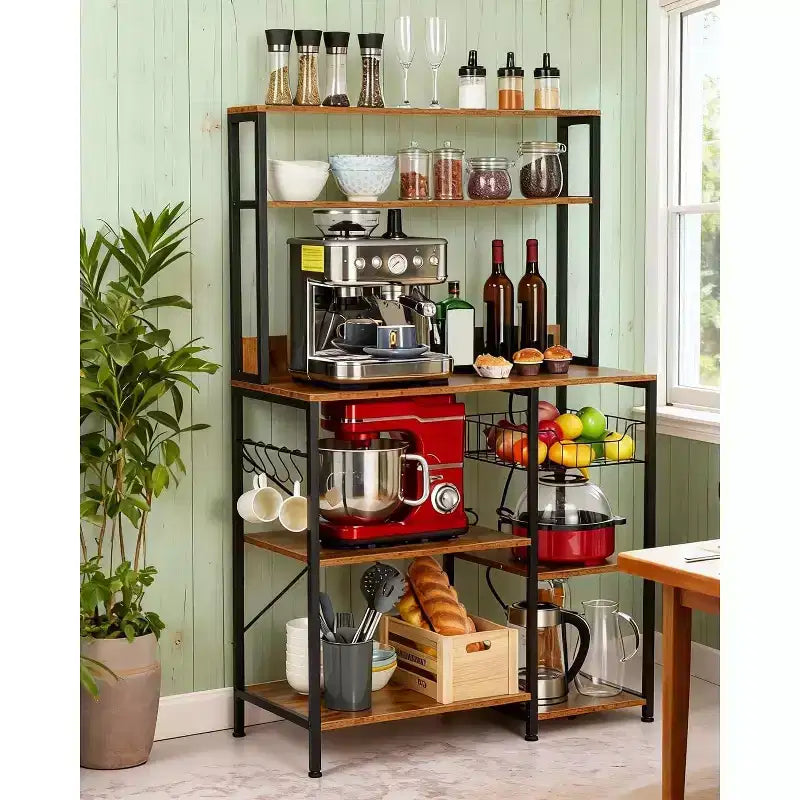 Étagère de Boulanger Rustique Marron avec Prise Électrique, Étagère de Rangement de Cuisine à 4 Niveaux, Support à Micro-ondes, Crochets, Organisateur en Métal et Bois pour Café Épices