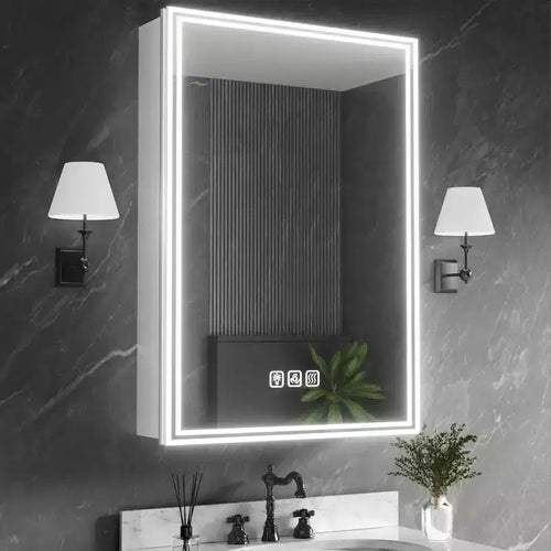 FAMYYT 20 in. W x 28 in. H Flowing Light Aluminum Medicine Cabinet with Mirror, Dimmable, Anti-Fog, Fully Assembled