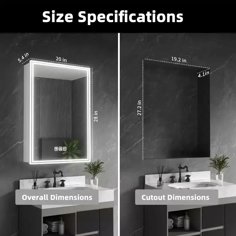 Armoire à pharmacie en aluminium à lumière fluide, 20 po L x 28 po H, avec miroir, intensité variable, anti-buée, entièrement assemblée