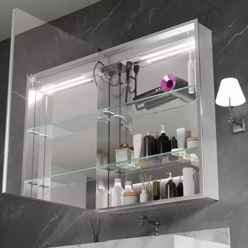 Armoire à pharmacie en aluminium à lumière fluide, 20 po L x 28 po H, avec miroir, intensité variable, anti-buée, entièrement assemblée