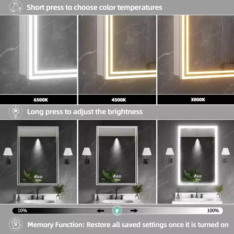 Armoire à pharmacie en aluminium à lumière fluide, 20 po L x 28 po H, avec miroir, intensité variable, anti-buée, entièrement assemblée