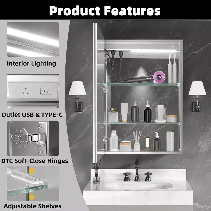 Armoire à pharmacie en aluminium à lumière fluide, 20 po L x 28 po H, avec miroir, intensité variable, anti-buée, entièrement assemblée