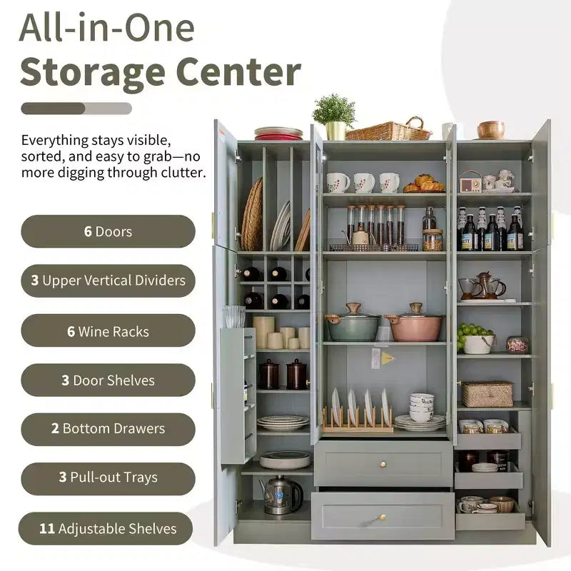 Garde-manger de cuisine autoportant de 71''H, Grand buffet de rangement de salle à manger avec 6 portes, Étagères réglables