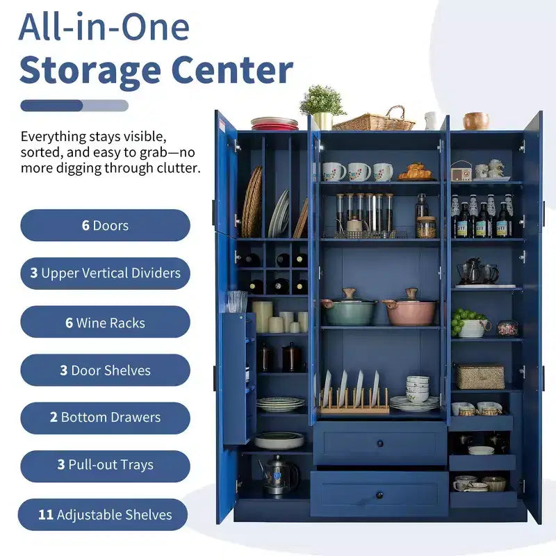 Garde-manger de cuisine autoportant de 71''H, Grand buffet de rangement de salle à manger avec 6 portes, Étagères réglables
