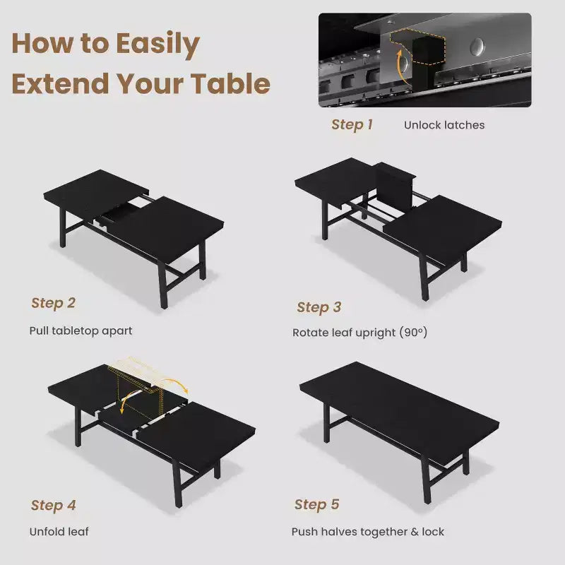 Table à manger industrielle extensible de 160 à 210 cm. Table de cuisine rectangulaire extensible pour 6-8 personnes. Cadre en métal pour salle à manger.
