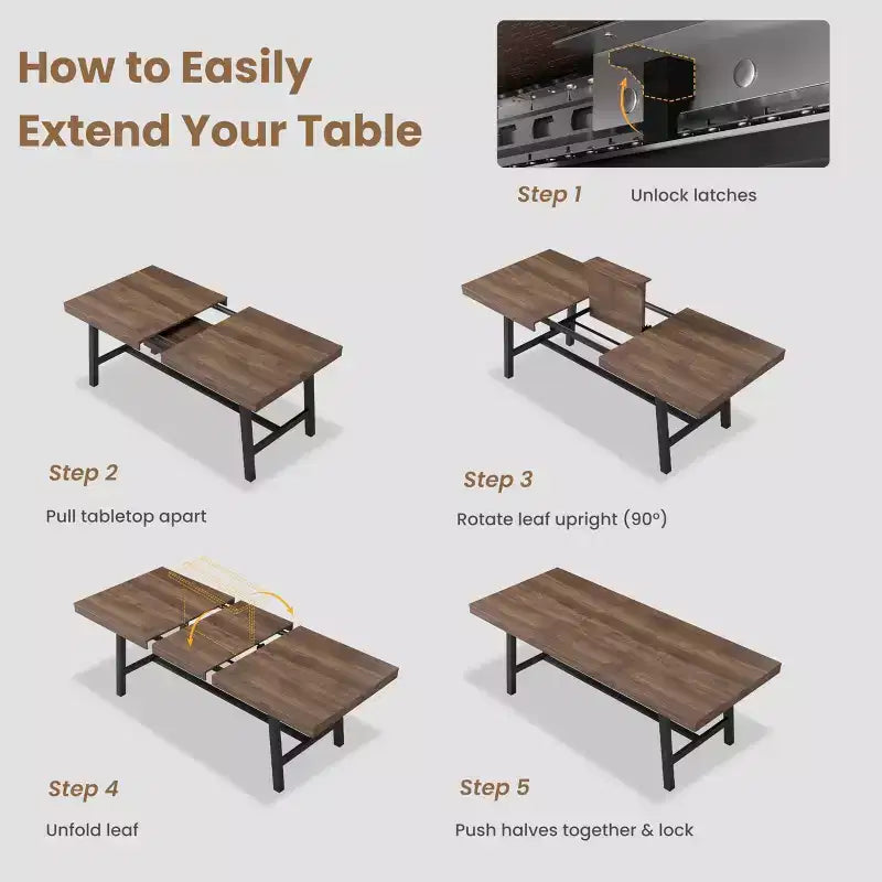 Table à manger industrielle extensible de 160 à 210 cm. Table de cuisine rectangulaire extensible pour 6-8 personnes. Cadre en métal pour salle à manger.