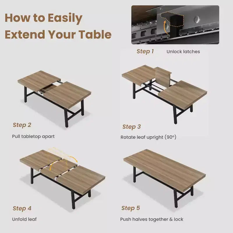 Table à manger industrielle extensible de 160 à 210 cm. Table de cuisine rectangulaire extensible pour 6-8 personnes. Cadre en métal pour salle à manger.