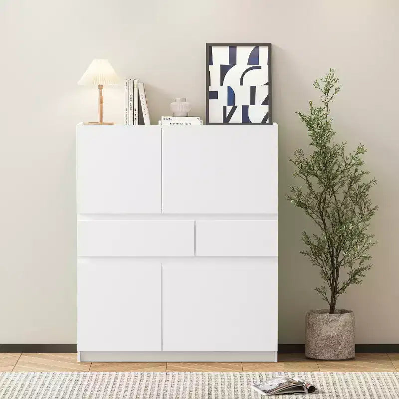White Wooden Storage Cabinet With 4 Doors And 2 Drawers