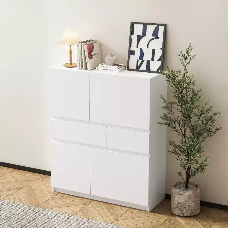 Meuble de rangement en bois blanc avec 4 portes et 2 tiroirs