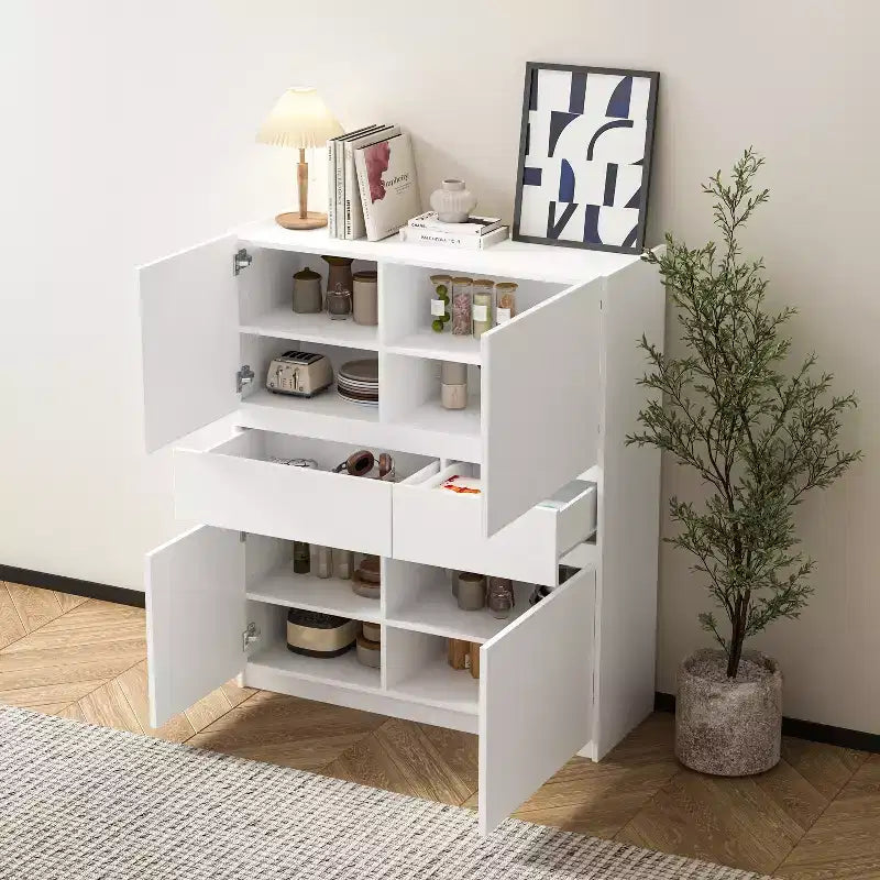 Meuble de rangement en bois blanc avec 4 portes et 2 tiroirs
