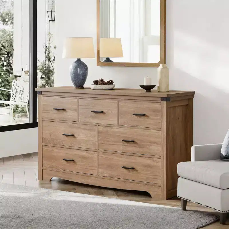 Commode de chambre à 7 tiroirs de style campagnard, commode de 80 cm de haut, commode rustique en bois avec poignée en métal, organisateur de rangement pour chambre à coucher